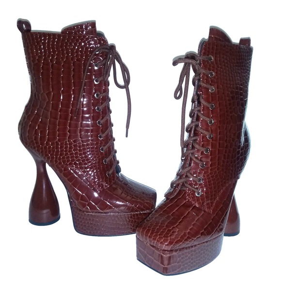 Azalea Wang Enzo Faux Leather Croc Dolls Kill Platform Heel Ankle Bootie sz 11 - Picture 3 of 9